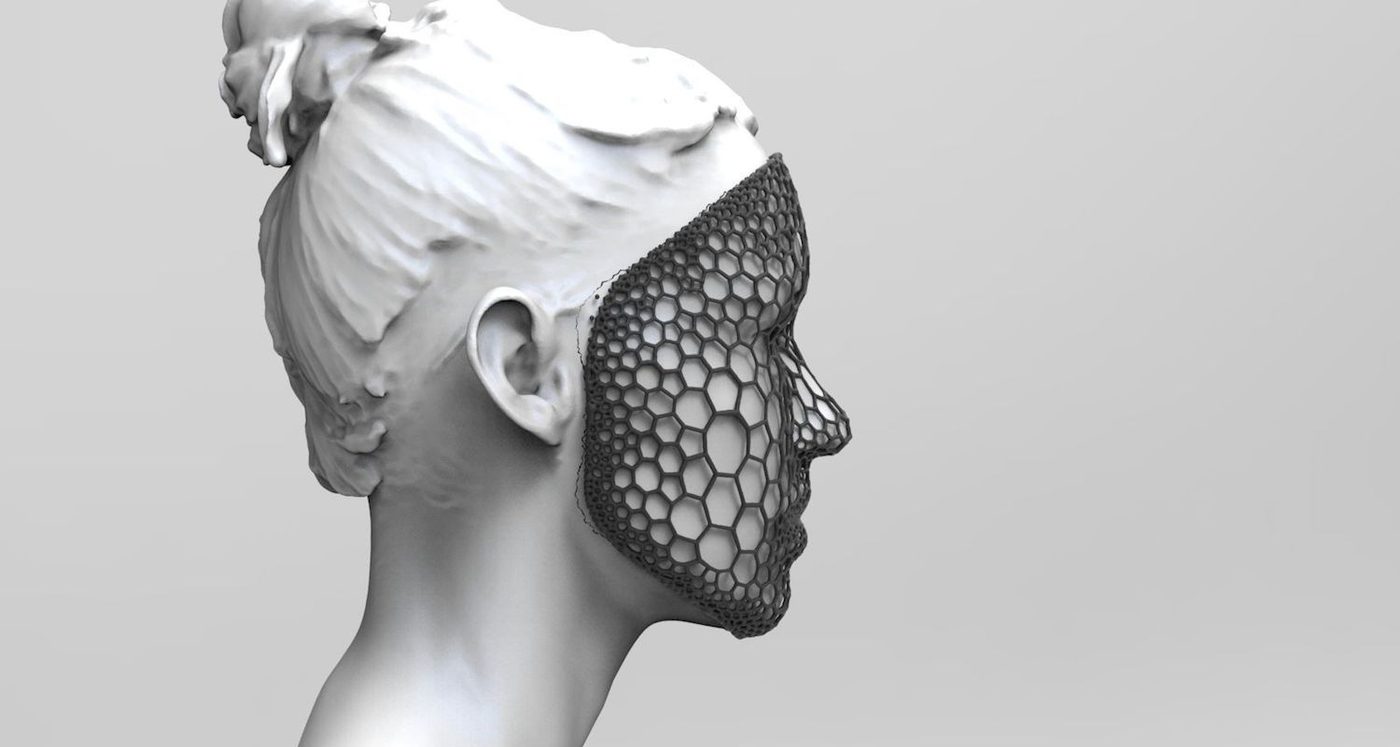 Digital render of a head scanned in profile, with the face area replaced by a hexagonal lattice mask.