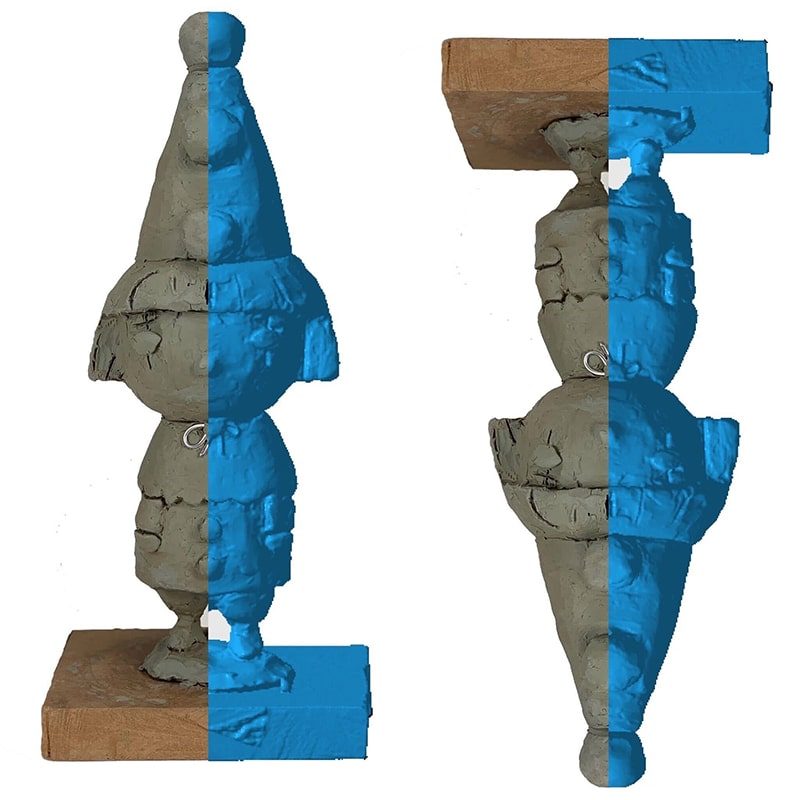 Two views of a gray clay gnome figure on a wooden block, each with half of its body shown as a blue digital scan mesh.