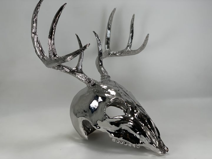 Mirror chrome plated deer skull with tall branching antlers photographed at an angle on a light grey background