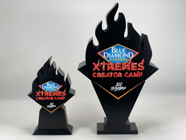 High-quality fabricated brand display piece created with large-scale 3D printing for commercial and event marketing.