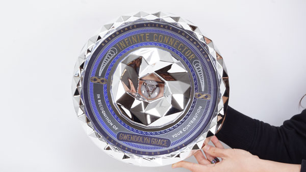 High-quality fabricated brand display piece created with large-scale 3D printing for commercial and event marketing.