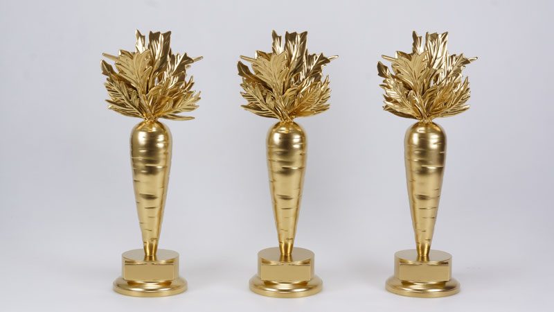 Three matching gold carrot-shaped trophies with leafy tops on round bases with blank nameplates against a white background