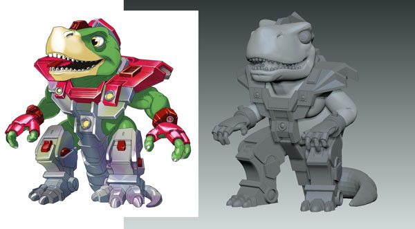 Color character render of an armored dinosaur beside a gray digital sculpt of the same character